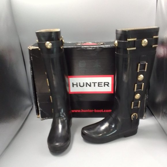 Hunter Shoes - Hunter Regent Hurlington Boots Size UK 3 EU 36 Black Gold Wellington Wellie £195